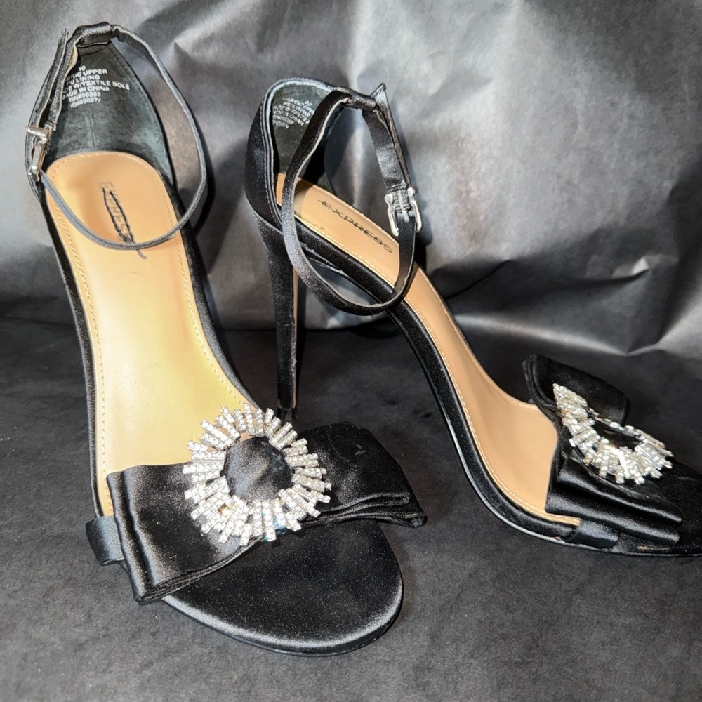 Express Black Satin Rhinestone Bow Ankle Strap Heels Size 10 Stiletto Formal